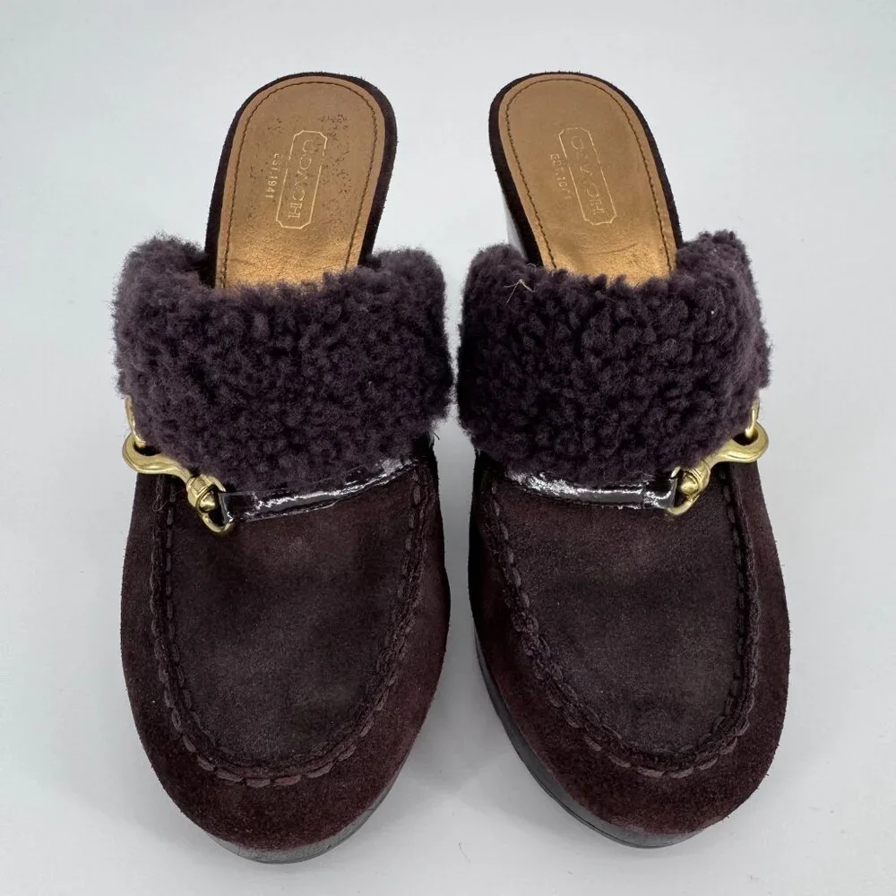 Coach Women’s 7 Brown Suede Shearling Idyle Wooden Heels Clogs Gold Buckle Mules